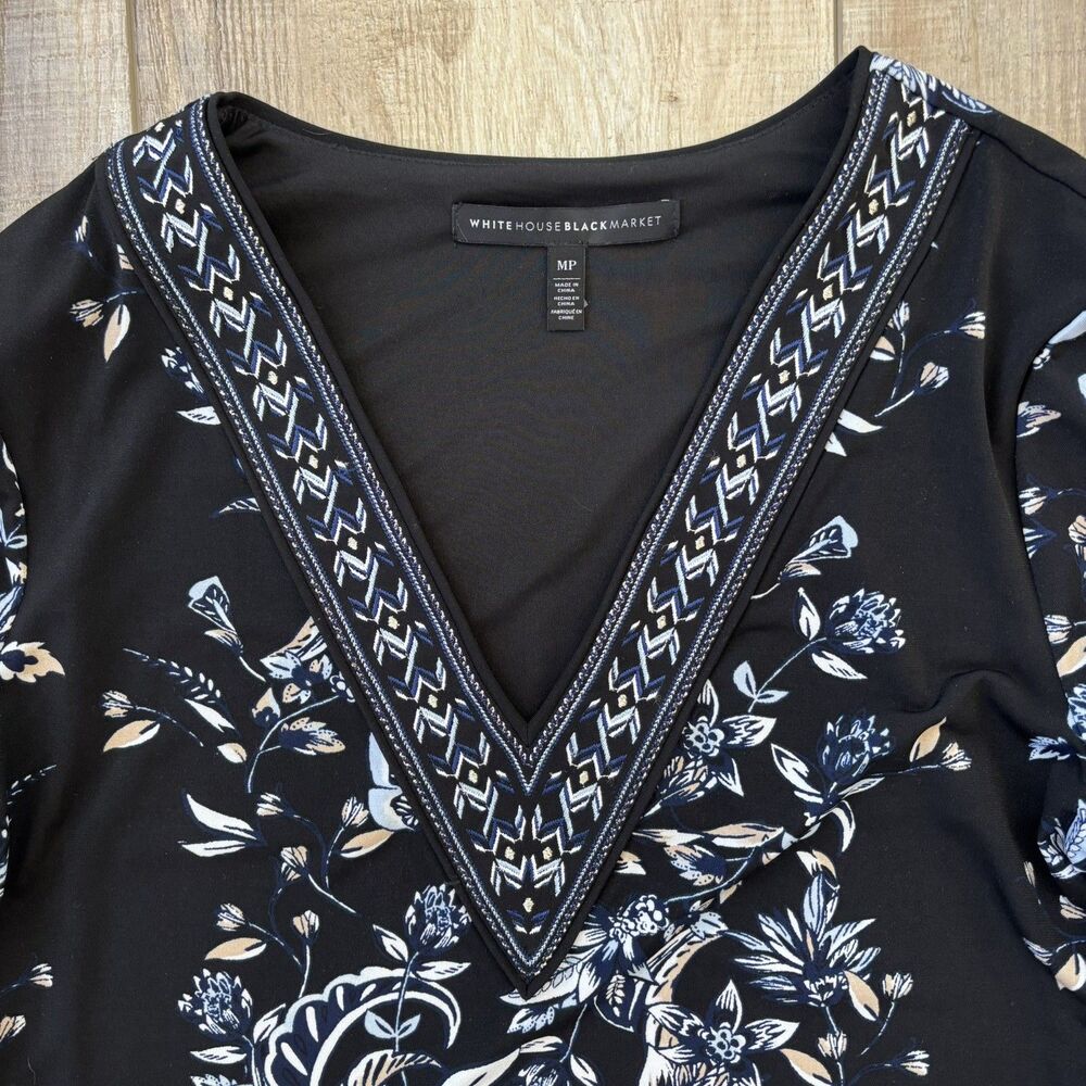 White House Black Market Floral Dress Size M Petite Embroidered Stretch Classic - Picture 4 of 13